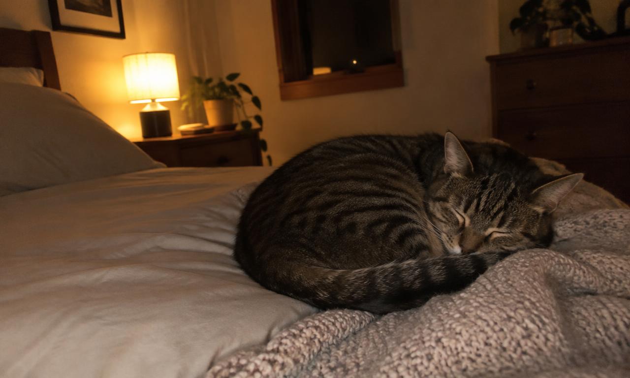 Un chat tigré endormi en boule sur le coin d'un lit, près d'une couverture tricotée.