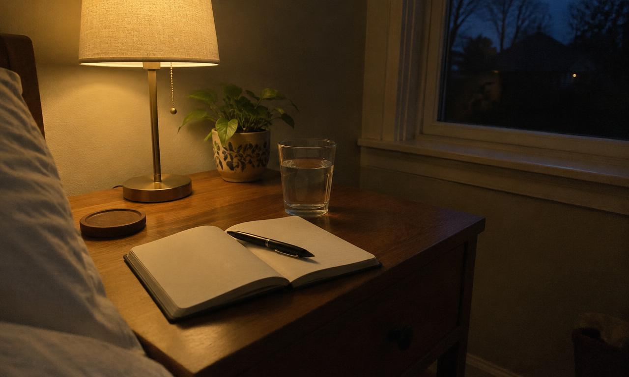 Un carnet ouvert et un stylo posés sur la table de chevet, dans la lumière d'une lampe.