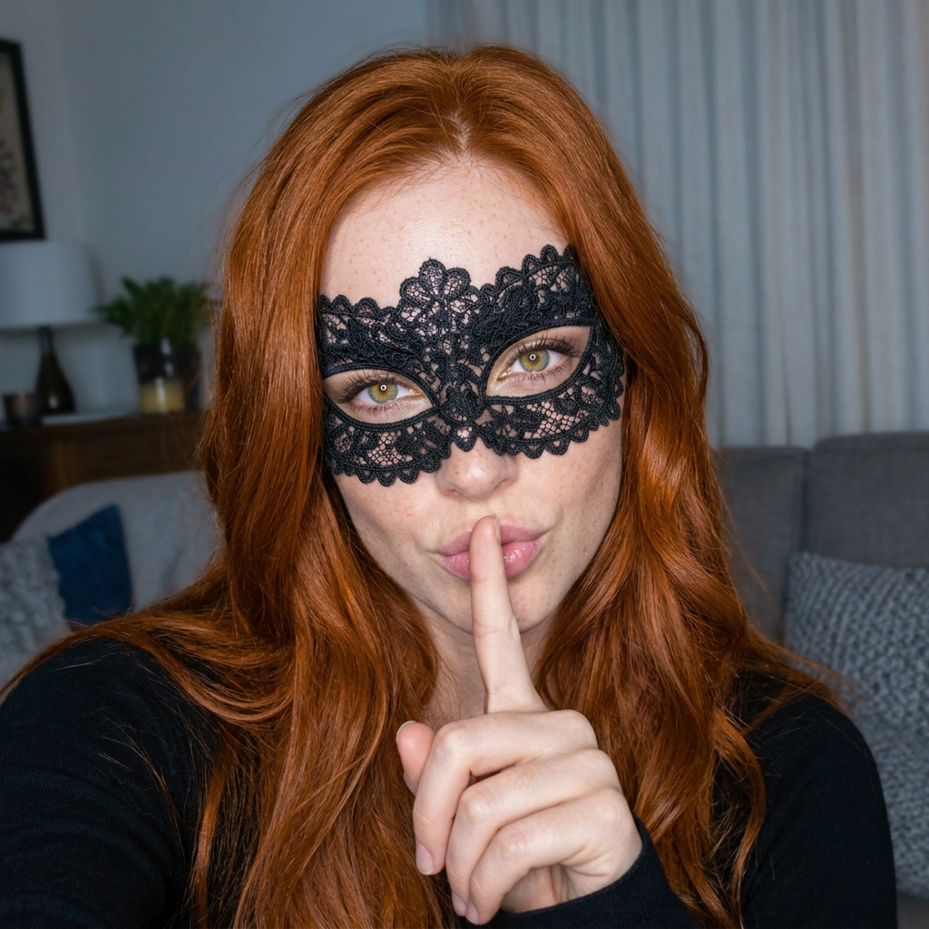 Portrait d’une femme rousse portant un masque de dentelle noire et faisant un geste de silence